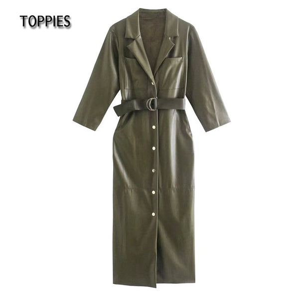 Toppies 2022 Autumn Winter Faux Leather Fleece Midi Dress Three Quarter Sleeve Shirt Dress Elegant Ladies vestidos