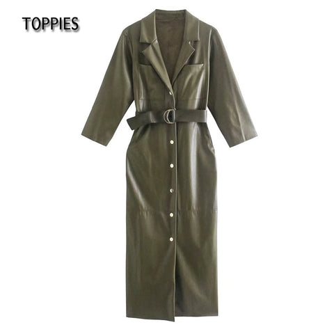 Toppies 2022 Autumn Winter Faux Leather Fleece Midi Dress Three Quarter Sleeve Shirt Dress Elegant Ladies vestidos