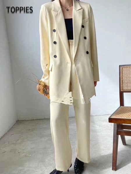 Toppies 2023 Spring Women Suits Set Double Breasted Blazer+Pant Two Pieces Female OL Style Sets