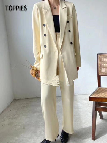 Toppies 2023 Spring Women Suits Set Double Breasted Blazer+Pant Two Pieces Female OL Style Sets