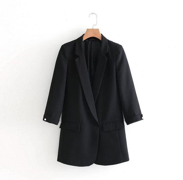 Women Spring New Causal Loose Women Blazer Pearl Buttons Three-quarter sleeves blazer with pockets women jackets
