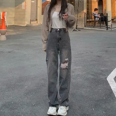 Torn Black Vintage Denim Hole With A Broad Leg Breech Women's Pants Down High Waist Streetwear Straight Leg Pants Streetwear