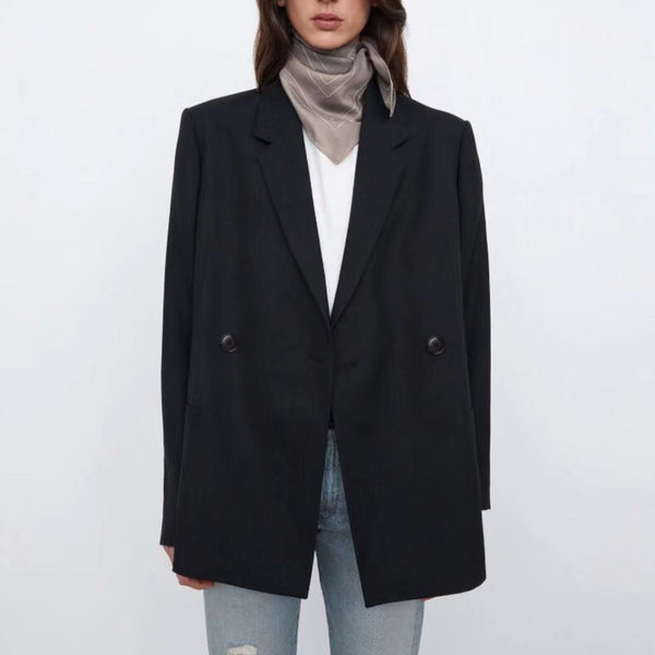 Totem Black Double-breasted Shoulder Pads Blazer Women 2023 Fall Minimalist Style Design Loose Suit Collar Coat