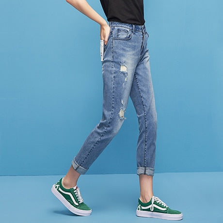 2022 Autumn Ripped Jeans for Women Streetwear Hole Washing Bleached Denim Pants Hemming Loose Pencil Pants for Female