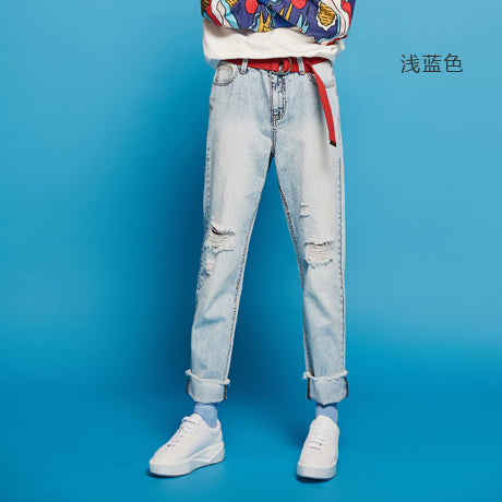 Ripped Jeans Women 2022 Spring New Denim Long Pants Korean Casual Bleached Hole Straight Loose Trouser