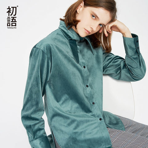 Vintage Army Green Velvet Shirts Fashion Bow-Tie Long Sleeve Women Shirts 2022 Autumn Solid Camisas Mujer Casual Blouses
