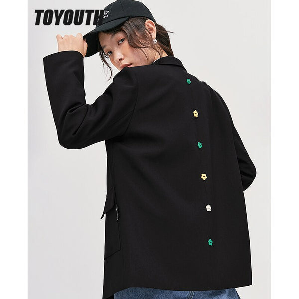 Toyouth Women Blazer 2023 Autumn Long Sleeves Loose Coats Button Design Solid Black Casual Business Suit Outwear