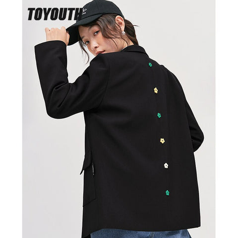 Toyouth Women Blazer 2023 Autumn Long Sleeves Loose Coats Button Design Solid Black Casual Business Suit Outwear