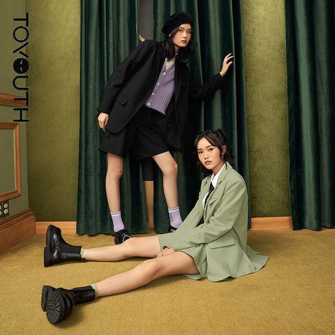 Toyouth Women Blazer Shorts  2022 Autumn Long Sleeve Turndowm Collar Loose Coat Decorative Pockets Chic Casual Office Lady Suit