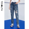 Toyouth Women Jeans 2022 Autumn High Waist Straight Leg Destruction Embroidery Solid Blue All Match Casual Cropped Denim Pants