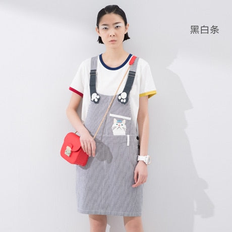 Women Suspender Dress Cute Pocket Cat Printed Summer Jeans Dresses Students Striped Mini Denim Bodycon Vestidos Mujer
