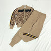 Tracksuit Women Leopard Knit Zip Cardigan Tops+Pants Suit 2PCS Sets Long Sleeve Jacket Coat Woman Casual Sweater Trousers Suits