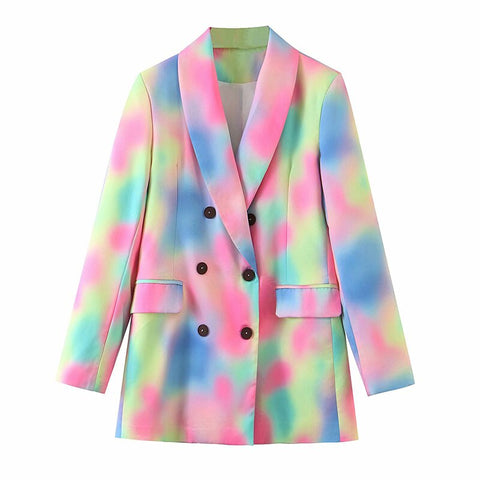 Tracksuit Women Slim Casual Tie Dye Printed Female Blazer Tie-Dye Loose Casual Suit Jacket Double Breasted Buttons OL Streetwear