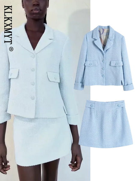 Traf 2023 Spring Women Suits With Skirt Sets Cropped Tweed Blazer Woman 2 Pieces Set Mini Skirts Female Oufits