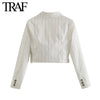 Traf Za Women Clothing Spring Autumn Chic Office Lady Stripe Casual Short Suit Coat  French Long Sleeve Blazer Tops