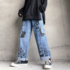Trend Ins Street Wide Leg Jeans Women Autumn Retro Two Dimensional Anime Cartoon Print Straight Denim Trousers