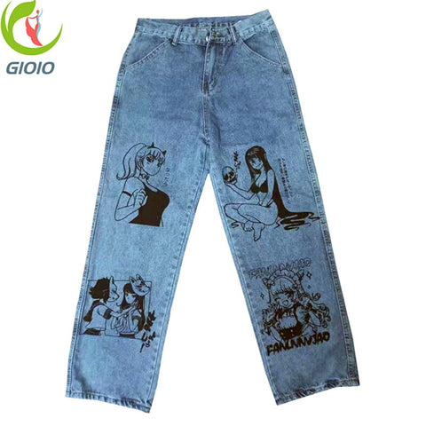 Trend Ins Street Wide Leg Jeans Women Autumn Retro Two Dimensional Anime Cartoon Print Straight Denim Trousers