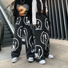 Trendy Unisex Vintage Graffiti Jeans High Waist Wide Leg Wild Casual Chic Pants Retro Style Streetwear Cool Straight Trousers