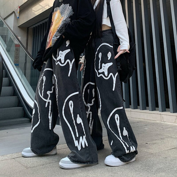 Trendy Unisex Vintage Graffiti Jeans High Waist Wide Leg Wild Casual Chic Pants Retro Style Streetwear Cool Straight Trousers