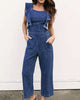 Trendy Women Romper round neck Summer backless solid Blue pocket zipper Jumpsuit Denim casual sleeveless Jeans one pieces