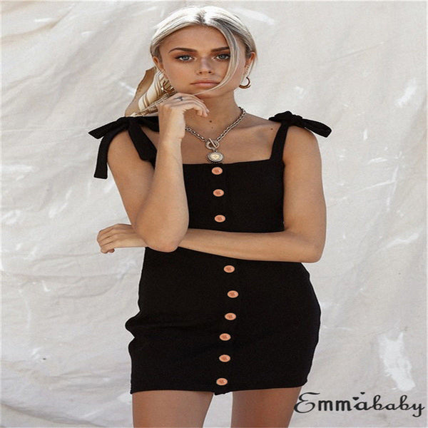 Trendy Women dress off shoulder Button strap solid Sexy Casual Summer Party Bodycon Sleeveless Polyester Mini Dresses one pieces