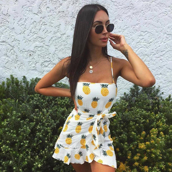 Trendy Women dress off shoulder Summer pineapple print sleeveless casual Evening Polyester Mini Dresses one pieces
