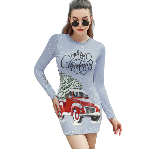 Triple A Women Dresses Sexy Long Sleeve Wrap Christmas Tree Printing Casual Party