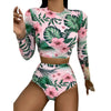 Tropical Leaves Flowers Print Bikinis Women Long Sleeve Swimwear Boho Summer High Waist Bathing Suit Female Floral Biquinis
