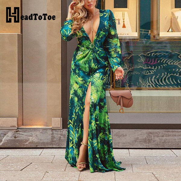 Tropical Print Plunging Neck Split Thigh Maxi Dress Women Sexy Long Dresses