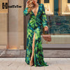 Tropical Print Plunging Neck Split Thigh Maxi Dress Women Sexy Long Dresses
