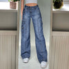 Trousers Streetwear  Y2K Low Waist Wide Leg Jeans Pockets Cargo Pants Women Aesthetic Denim Harajuku Mom Boyfriend Straight Jean