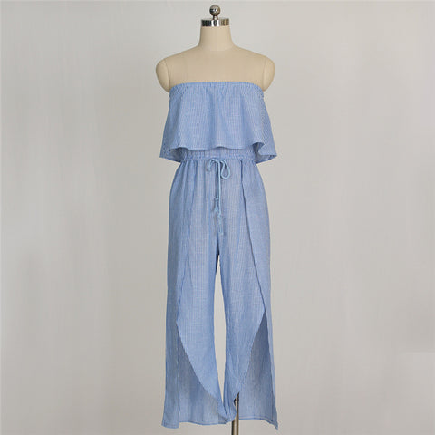 Fashion Striped beach Jumpsuit Women Romper Summer casual Off Shoulder jumpsuit Backless Sexy split Ruffles Jumpsuits