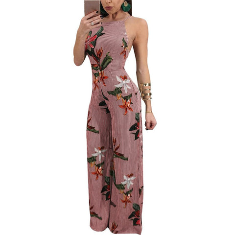 Fashion Women Floral Jumpsuits Wide Leg Summer Beach Overalls Casual Striped Rompers Backless Printed Jumpsuit Female