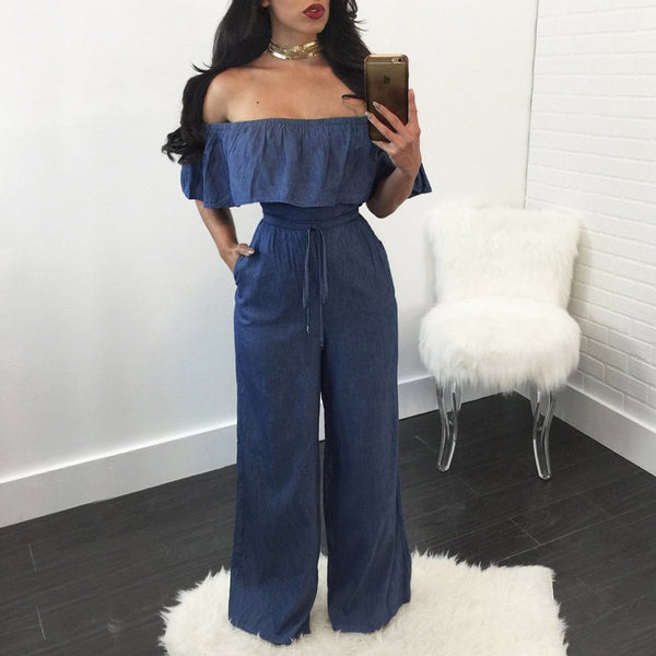 Women Denim Summer Jumpsuit Ruffles Slim Fit Rompers Women Jumpsuit Strapless Off Shoulder Backless Sexy Jumpsuits