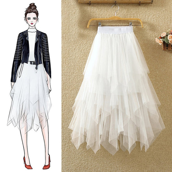 Tulle Skirts Womens Faldas Mujer Moda 2022 Elastic High Waist Mesh Tutu Maxi Pleated Long Midi Saias Jupe Women's Skirt
