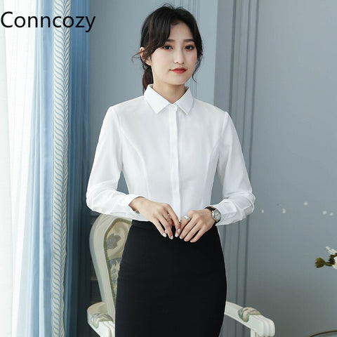 Turn Down Collar Long Sleeve Slim Work Blouses Office Ladies Shirt Casual Women Slim Single Breasted Tops White Blusas Mujer
