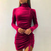 Turtleneck Dress Women Elegant Autumn Drawstring High Neck Dress Party Long-Sleeved Tight-Fitting Midi Hip Dress Female