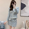 Tweed Short Cardigan Jacket + Irregular Skirt + White Long-sleeved Lace-up Shirt Three-piece Suit Women's Spring British Style
