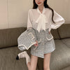 Tweed Short Cardigan Jacket + Irregular Skirt + White Long-sleeved Lace-up Shirt Three-piece Suit Women's Spring British Style