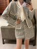 Tweed Short Cardigan Jacket + Irregular Skirt + White Long-sleeved Lace-up Shirt Three-piece Suit Women's Spring British Style