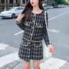 Tweed Short Cardigan Jacket + Irregular Skirt + White Long-sleeved Lace-up Shirt Three-piece Suit Women's Spring British Style