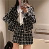 Tweed Short Cardigan Jacket + Irregular Skirt + White Long-sleeved Lace-up Shirt Three-piece Suit Women's Spring British Style