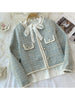 Tweed Short Cardigan Jacket + Irregular Skirt + White Long-sleeved Lace-up Shirt Three-piece Suit Women's Spring British Style