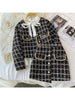 Tweed Short Cardigan Jacket + Irregular Skirt + White Long-sleeved Lace-up Shirt Three-piece Suit Women's Spring British Style