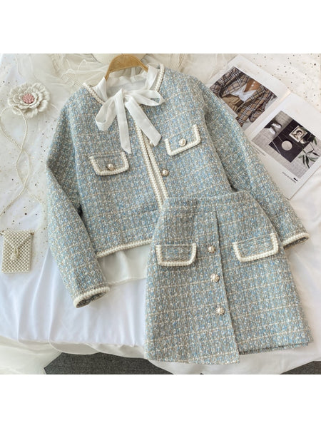 Tweed Short Cardigan Jacket + Irregular Skirt + White Long-sleeved Lace-up Shirt Three-piece Suit Women's Spring British Style