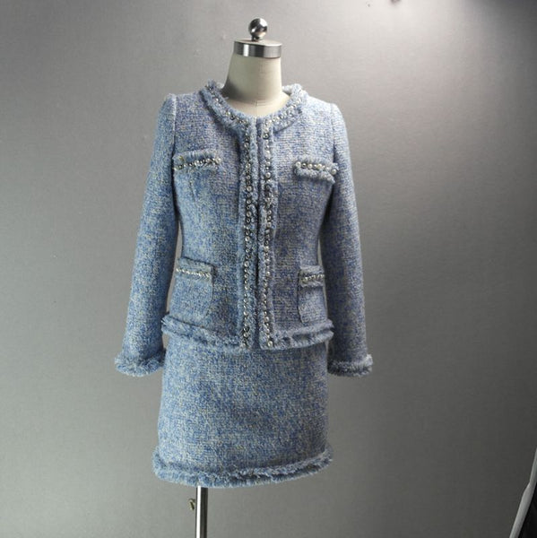 Tweed Skirt Suit Women  2 Two Piece Set Woolen Jacket Coat Vintage Fringe Mini Skirt Ladies Autumn Winter Clothes