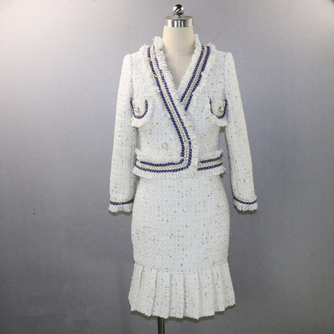 Tweed Skirt Suit Women Runway Brand Wool Short Jacket Blazer High Waist Pleatd Skirt Two Piece Set Autumn Winter Outfits Female