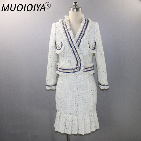 Tweed Skirt Suit Women Runway Brand Wool Short Jacket Blazer High Waist Pleatd Skirt Two Piece Set Autumn Winter Outfits Female