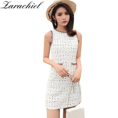 Tweed Slim A-Line Dress 2022 Small Fragrant Vestidos Women Sweet Sleeveless Vest Dress Vintage Pocket Fall Dress Mini Dress