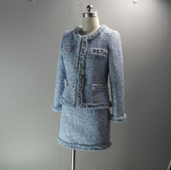 Tweed Suit Women  2 Two Piece Set Woolen Jacket Coat Vintage Fringe Mini Skirt Ladies Autumn Winter Clothes